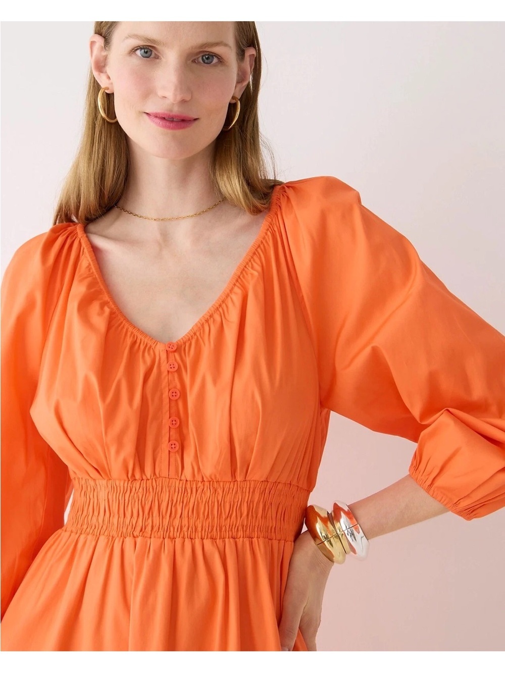J. Crew Vibrant Orange V-Neck Smocked Waist Maxi Dress - Picture 3 of 7
